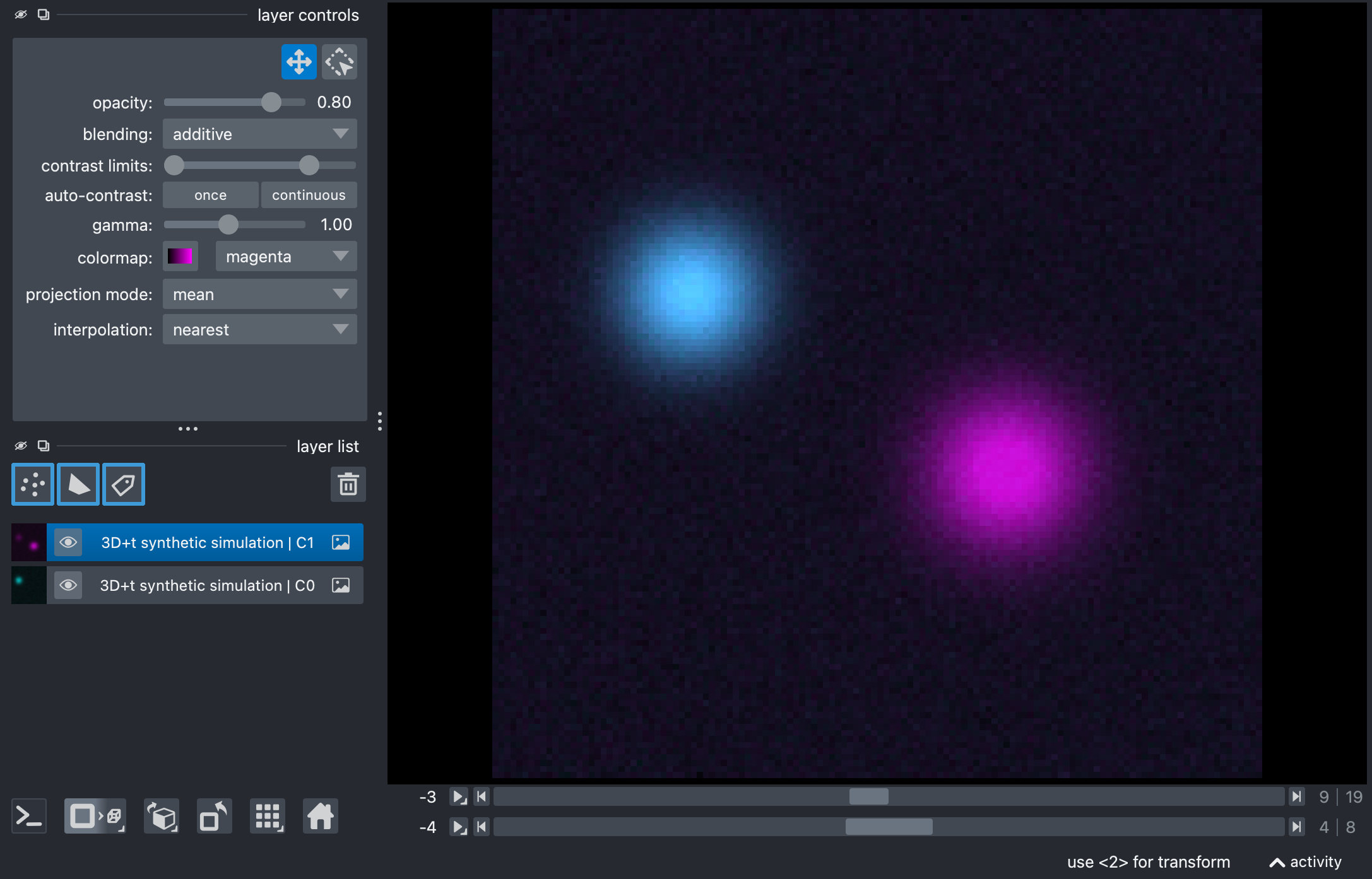 Composite image of the raw synthetic stack, showing the source and target channels in Napari's 2D view.