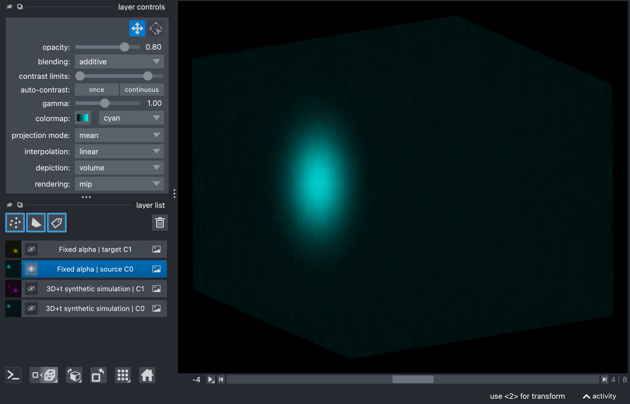 3D view of the source channel after fixed-alpha unmixing, showing that the source channel is preserved.