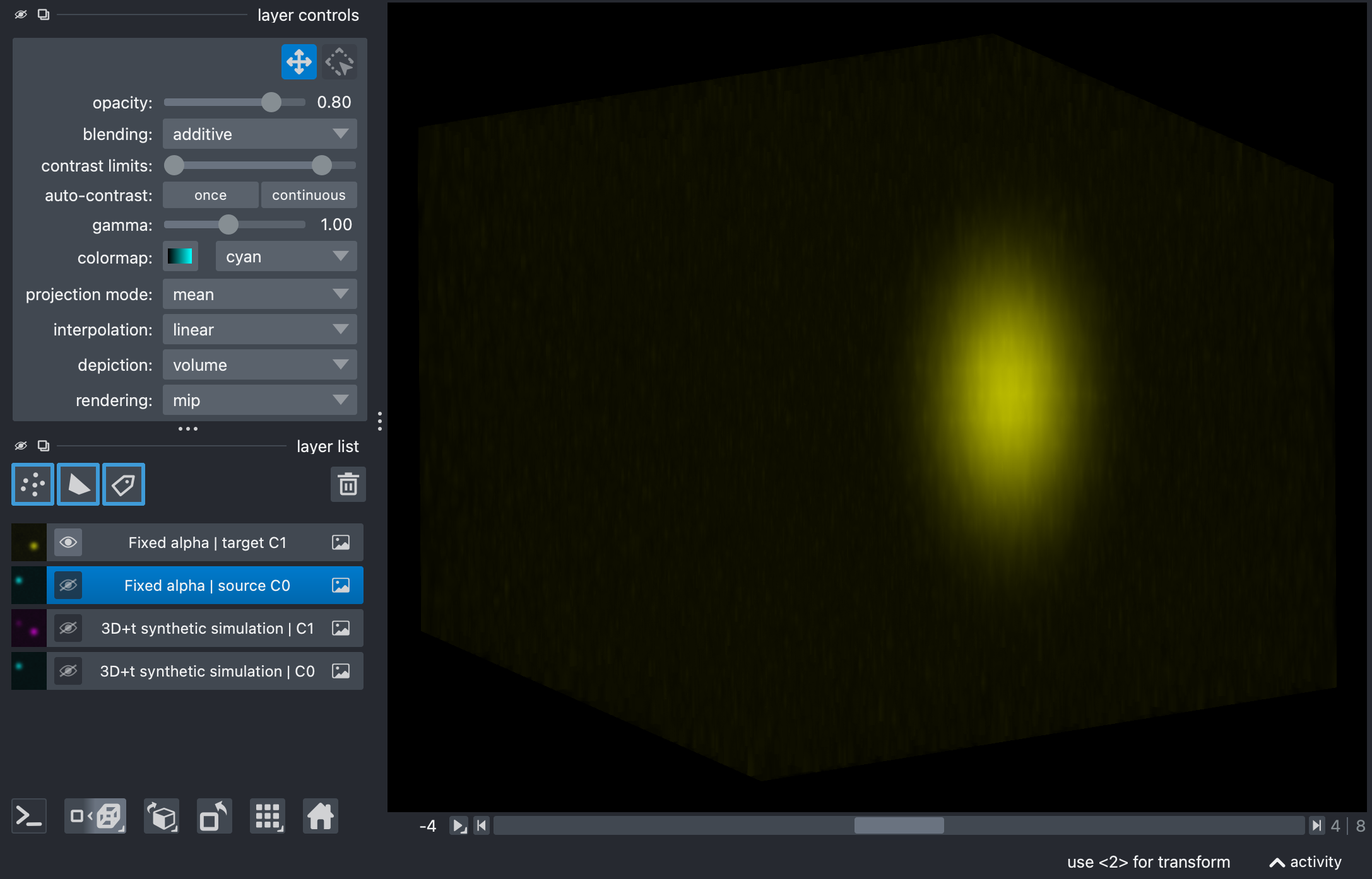 3D view of the target channel after fixed-alpha unmixing, showing that the bleed-through from the source channel has been corrected.