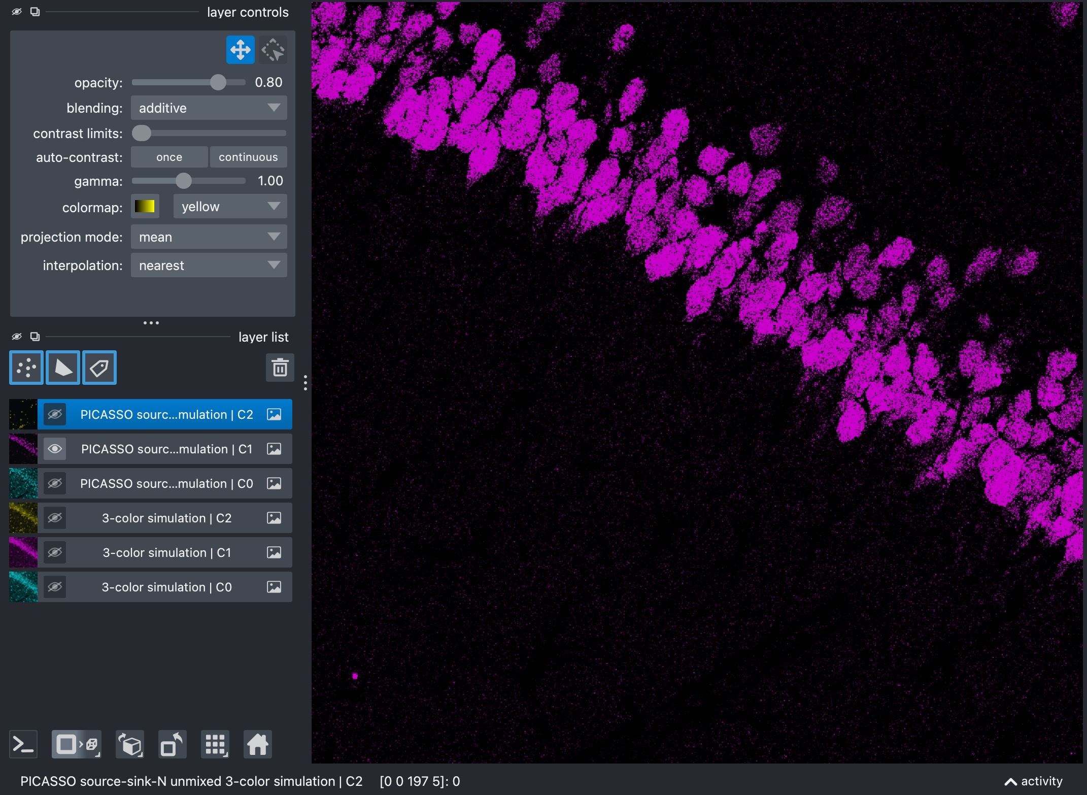 Channel 1 of the unmixed three-channel stack after the source-sink-N blind-unmixing run.