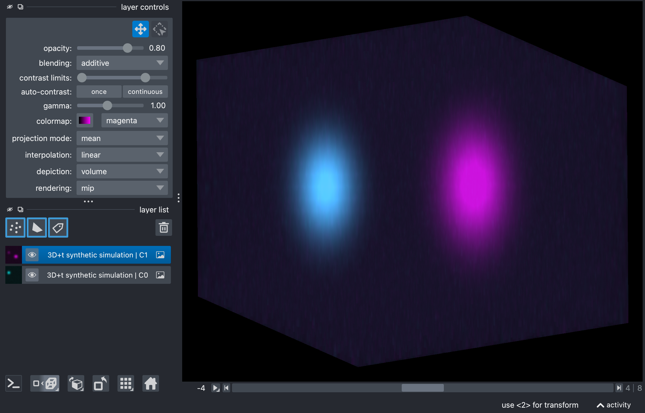 Composite image of the raw synthetic stack, showing the source and target channels in Napari's 3D view.