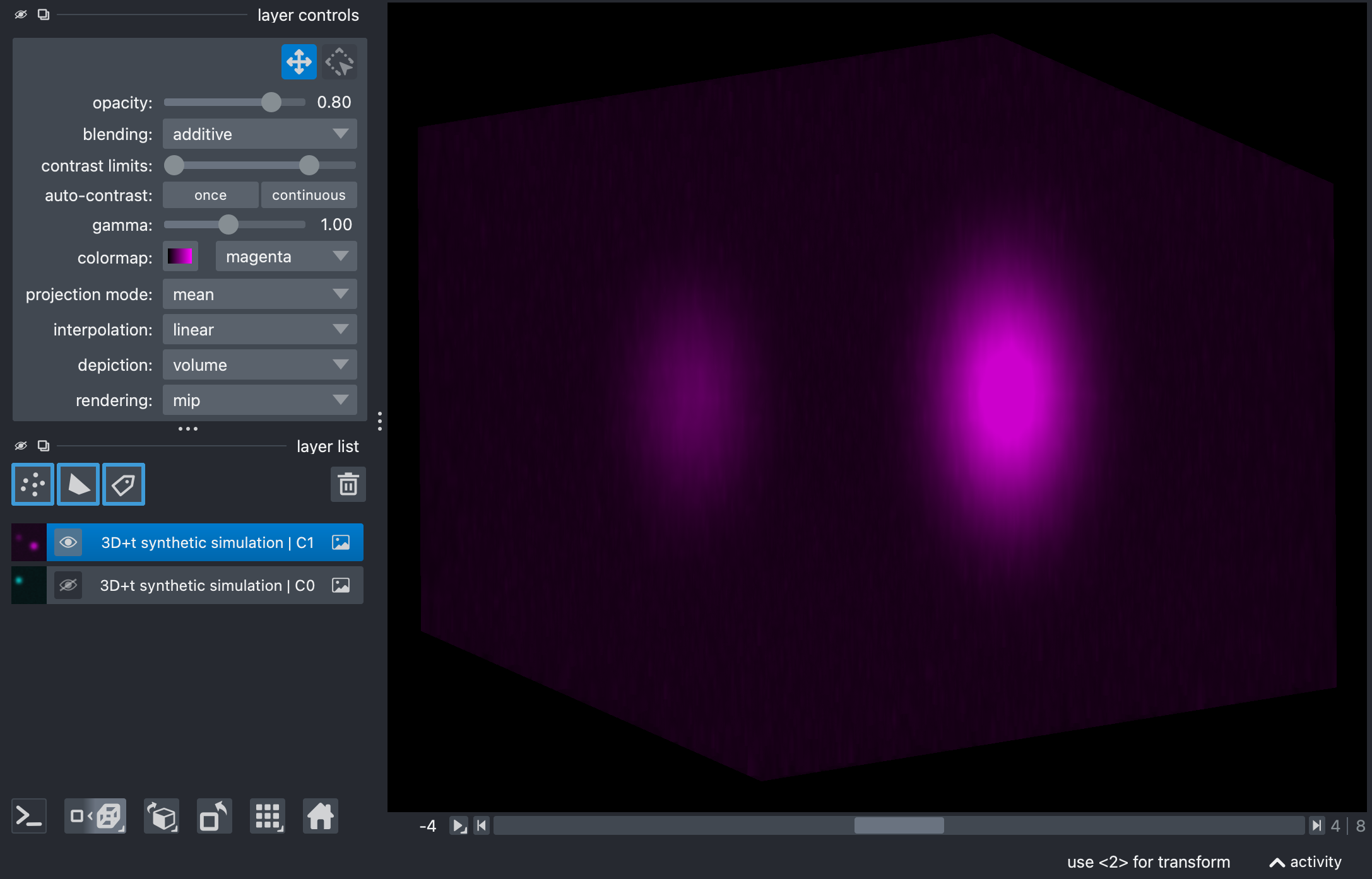 Target channel only, showing the bleed-through from the source channel in Napari's 3D view.